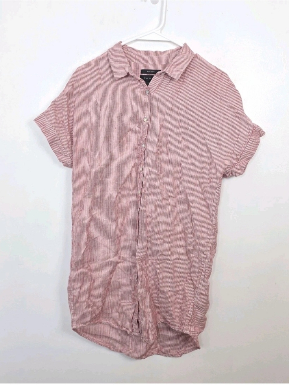Tahari Red White Striped 100% Linen Beachy Summer Shirt Mini Dress Size Small